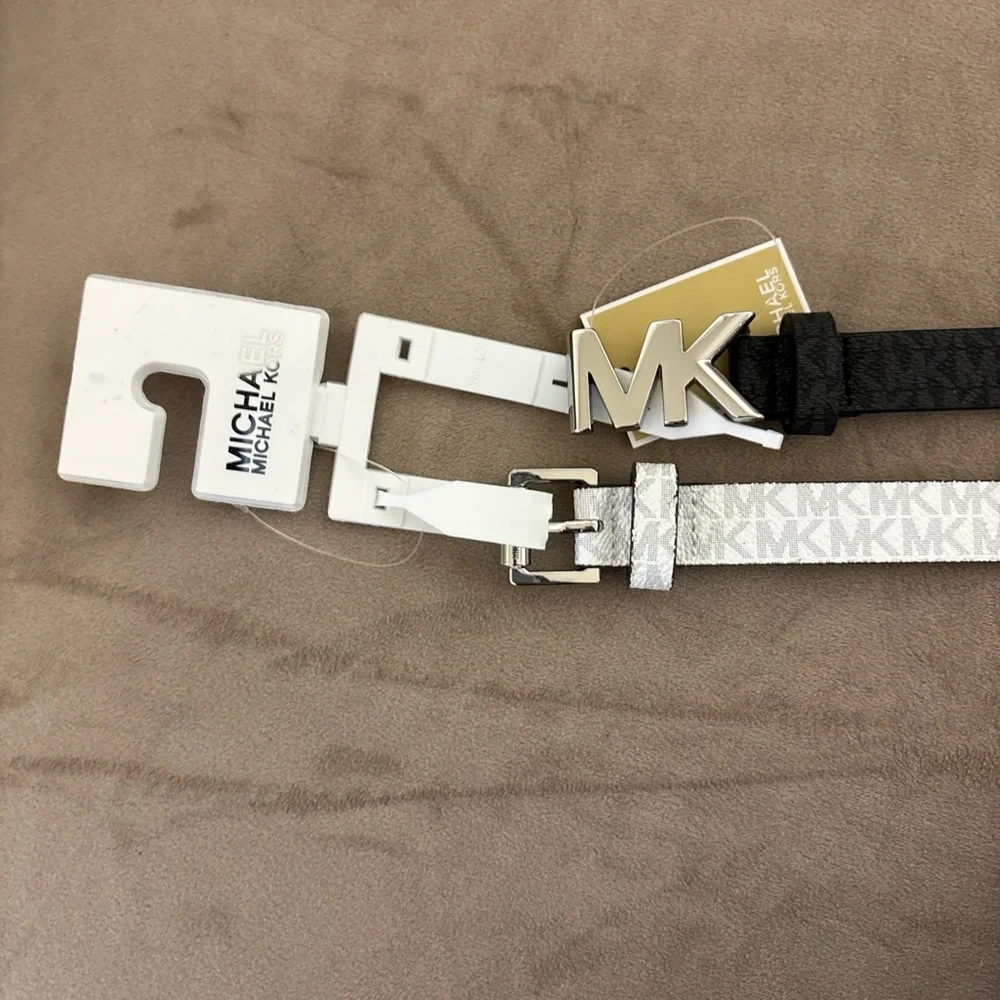 Michael Kors Women's Monogram Black & WhitSkinny Logo Belts 2Pack Size Small